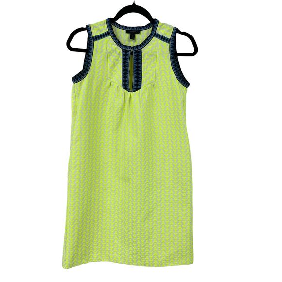 J. Crew Neon Yellow Arrow Print Keyhole Cutout Blue Trim Shift Dress Womens 00 - Picture 1 of 8